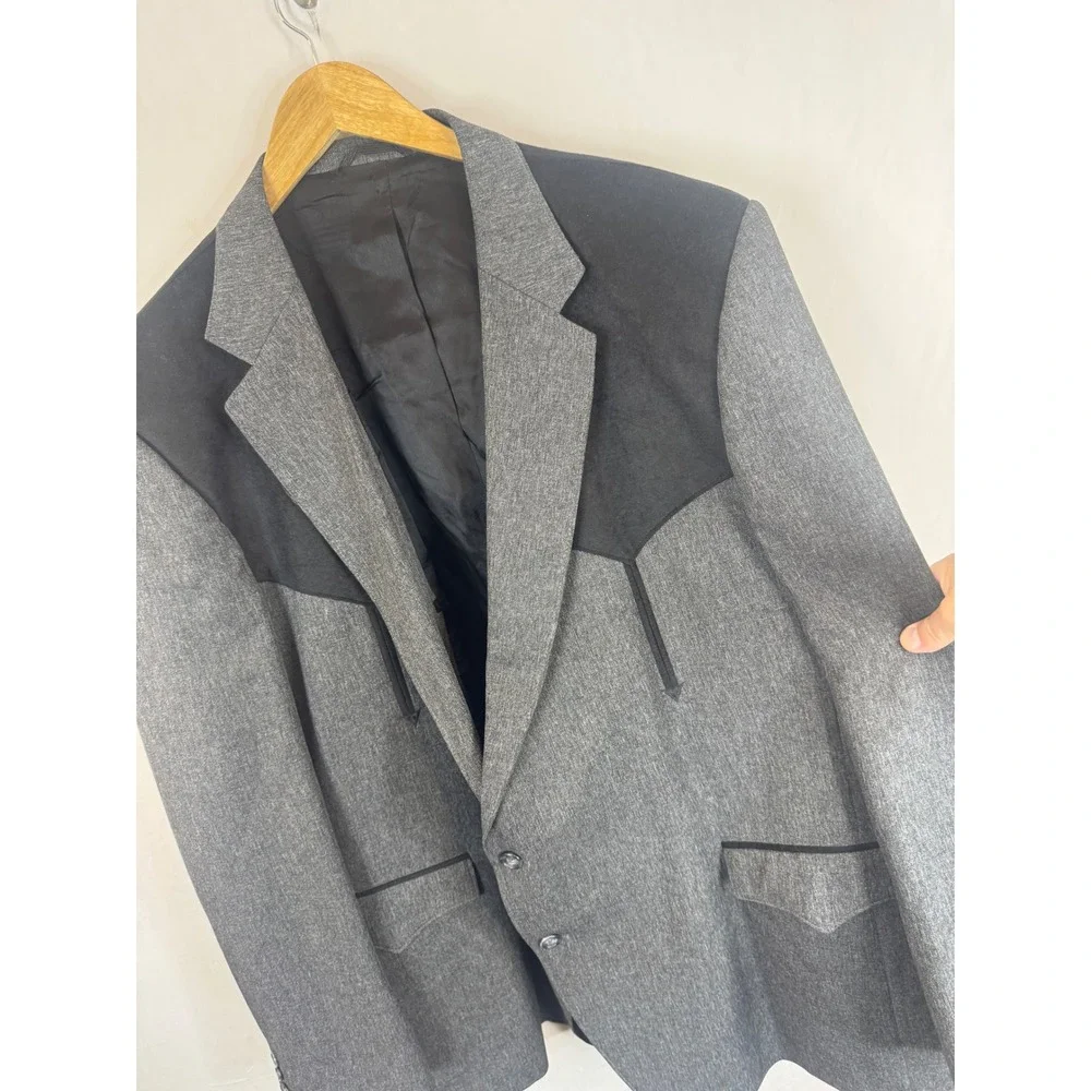 Circle S Mens Western Blazer Gray Black Faux Suede Yoke Sport Coat 54L  USA